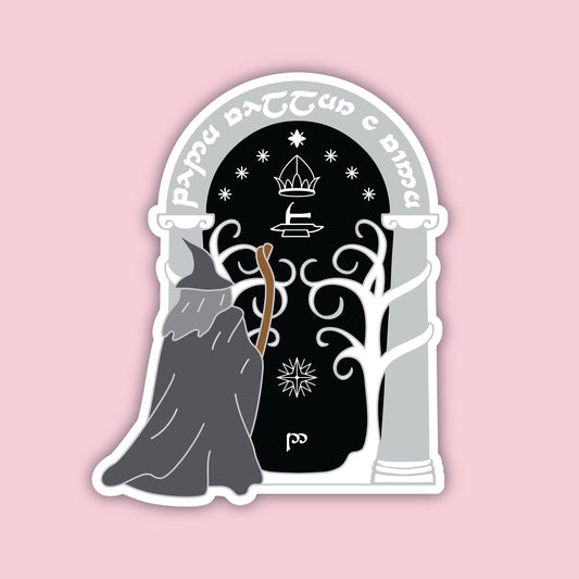 Doors of Durin Sticker, Gandalf in grey before the arched gate of Moria with stars, crown and white tree, LOTR sticker