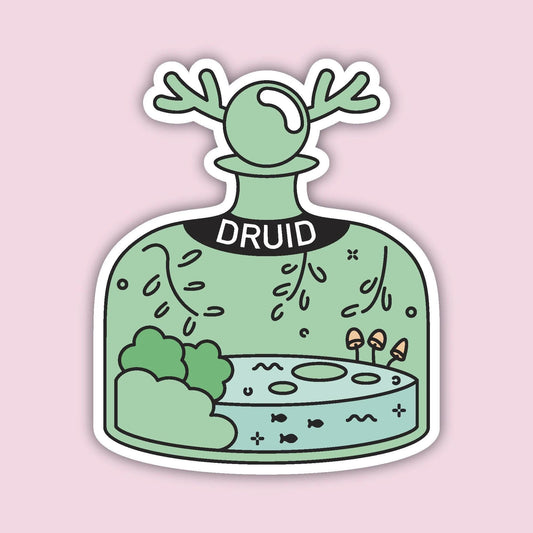 Druid Vessel sticker — mint green potion bottle with antler stopper containing a tiny terrarium scene, D&D Druid class sticker