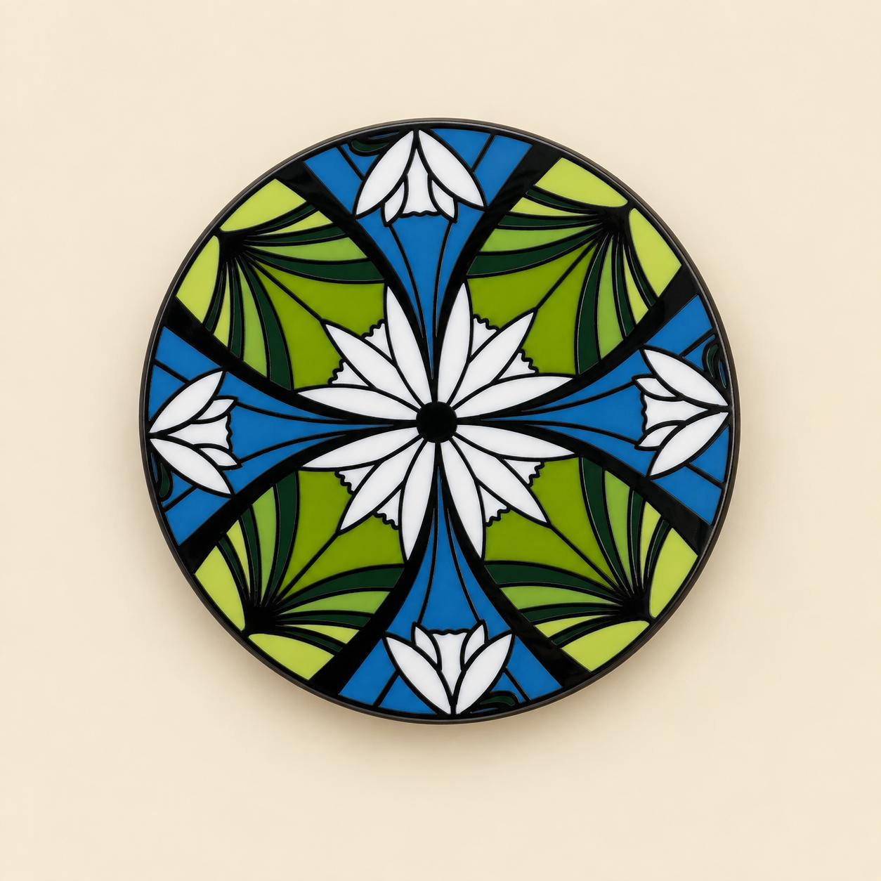 Round elven enamel pin, white flowers on deep green and blue, with black nickel plating