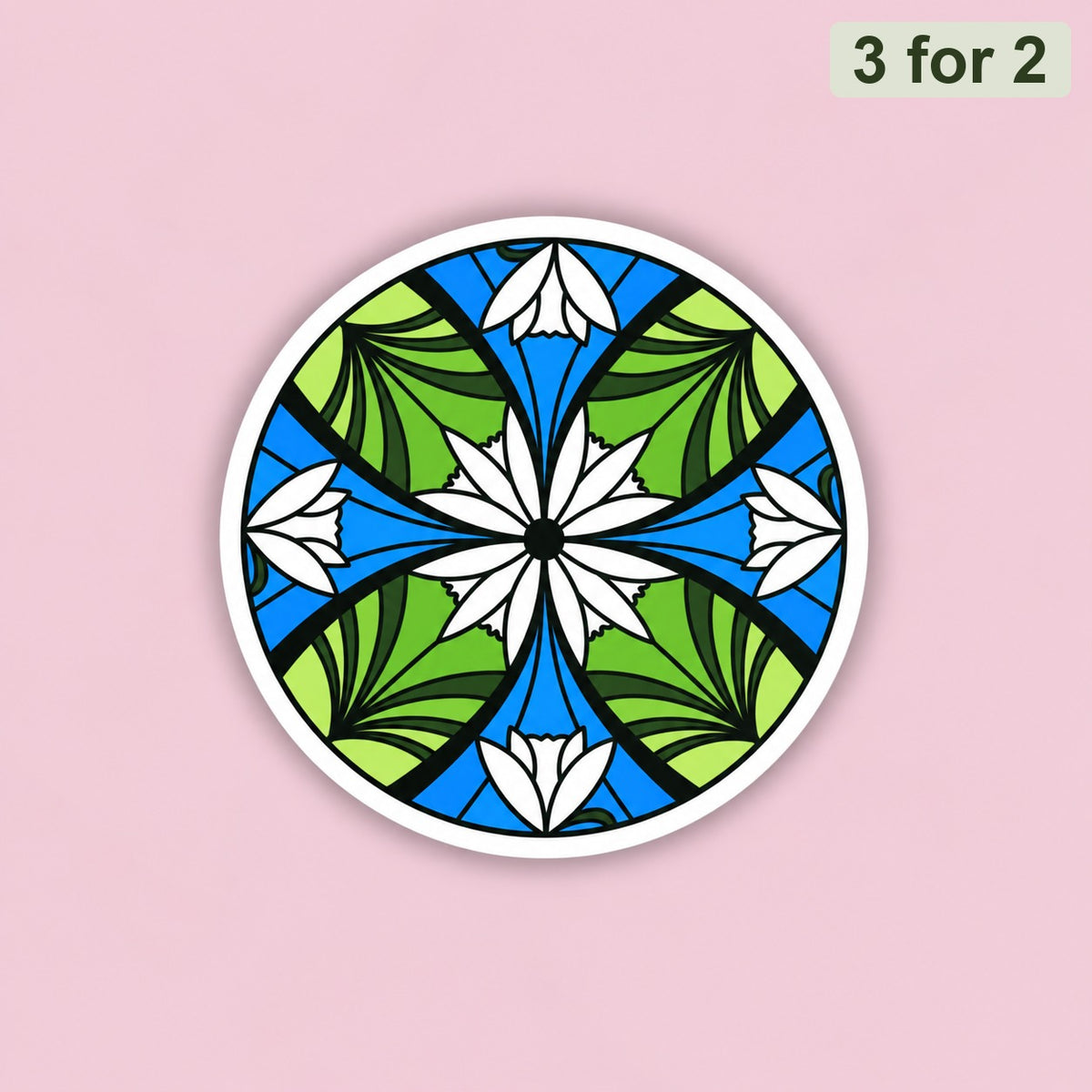Elven Stained Glass Sticker, round clear sticker of green and blue stained glass with white flowers, held up to the sky, LOTR sticker
