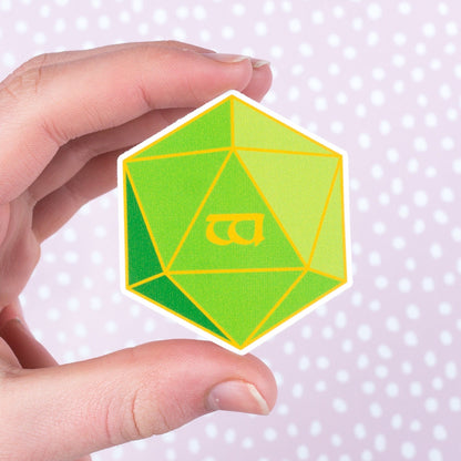 Elvish D20 Sticker, green d20 with a single gold Elvish letter on the face, D&D sticker
