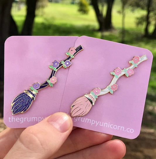 Enchanted Broom Needle Minder, purple and white brooms with flowers, gold finish