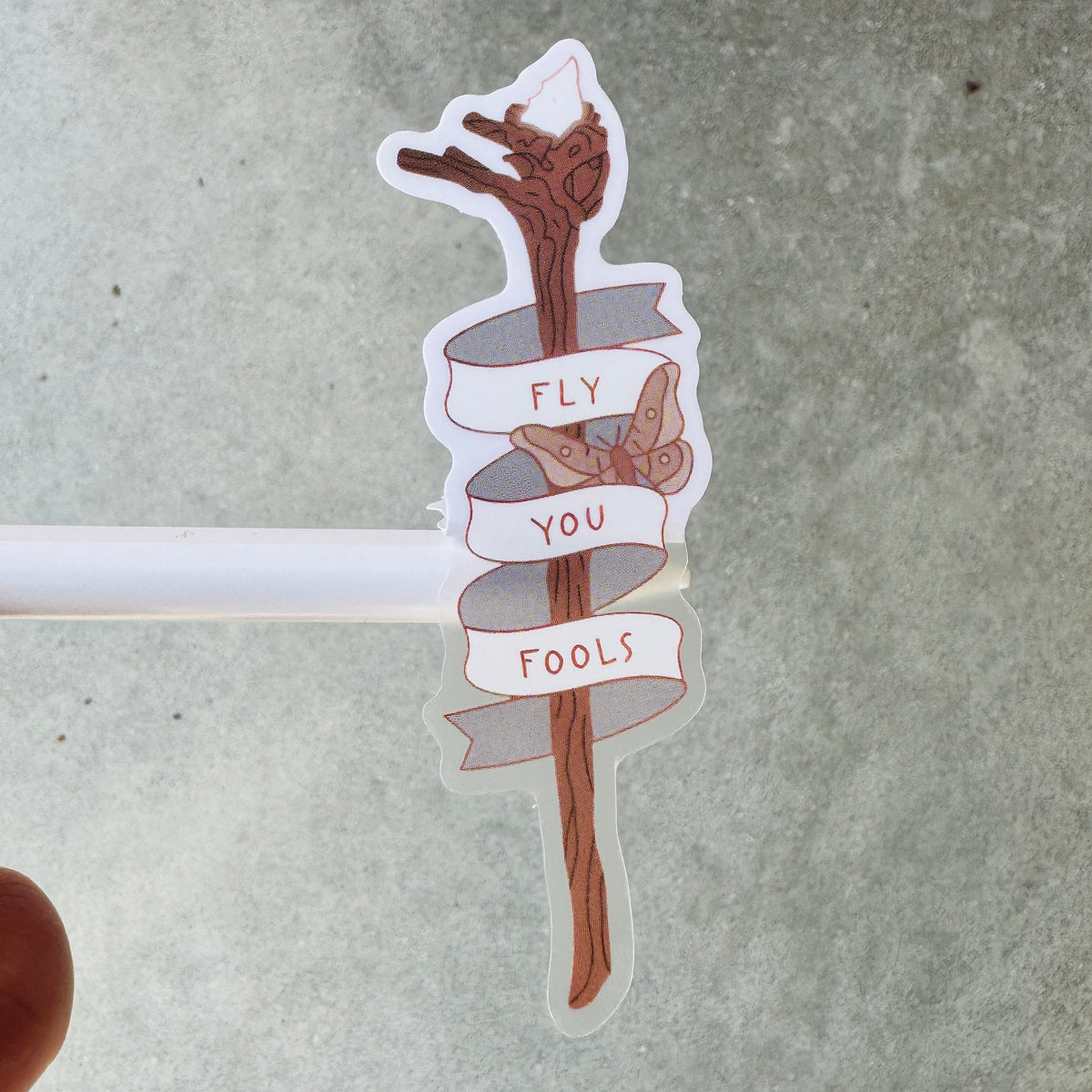 Fly You Fools Sticker, clear matte sticker of Gandalf's staff wrapped in a banner with a moth, LOTR sticker