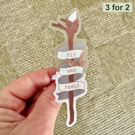 Fly You Fools Sticker, clear matte sticker of Gandalf's staff wrapped in a banner with a moth, LOTR sticker