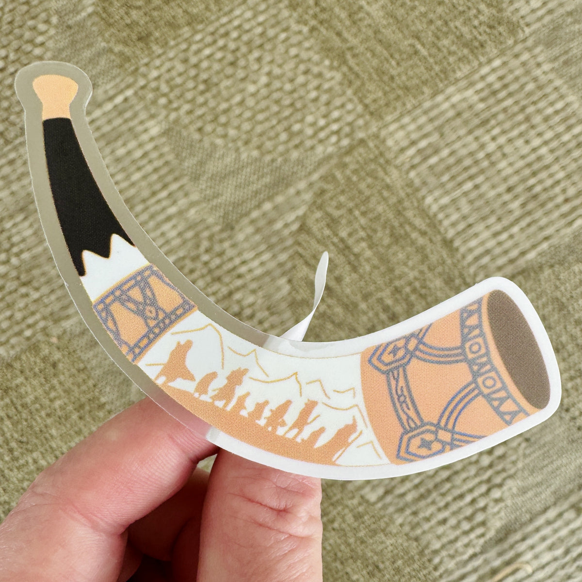Horn of Gondor Sticker, clear matte sticker of Boromir's horn with the Fellowship walking along it, LOTR sticker