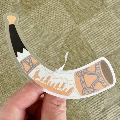 Horn of Gondor Sticker, clear matte sticker of Boromir's horn with the Fellowship walking along it, LOTR sticker