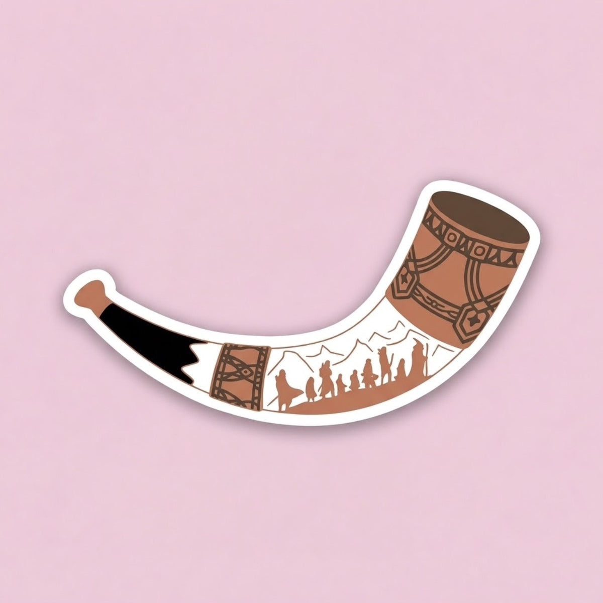 Horn of Gondor Sticker, clear matte sticker of Boromir's horn with the Fellowship walking along it, LOTR sticker