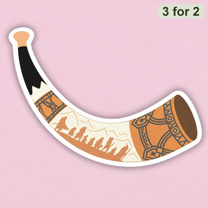 Horn of Gondor Sticker, clear matte sticker of Boromir's horn with the Fellowship walking along it, LOTR sticker
