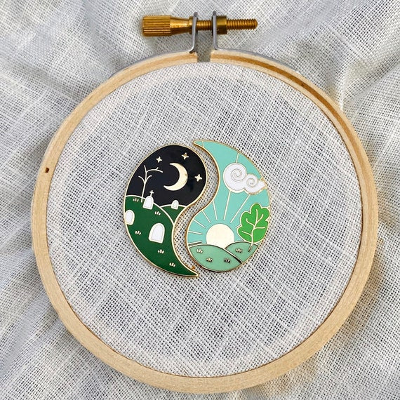 Life and Death Needle Minder Set on an embroidery hoop, night graveyard and sunrise halves