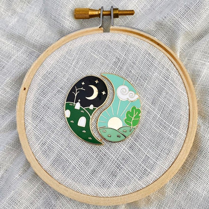 Life and Death Needle Minder Set on an embroidery hoop, night graveyard and sunrise halves