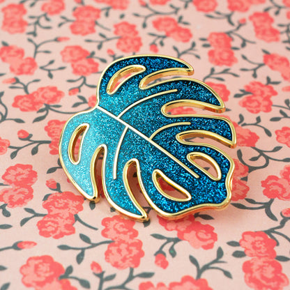 Blue Glitter Monstera Leaf Pin