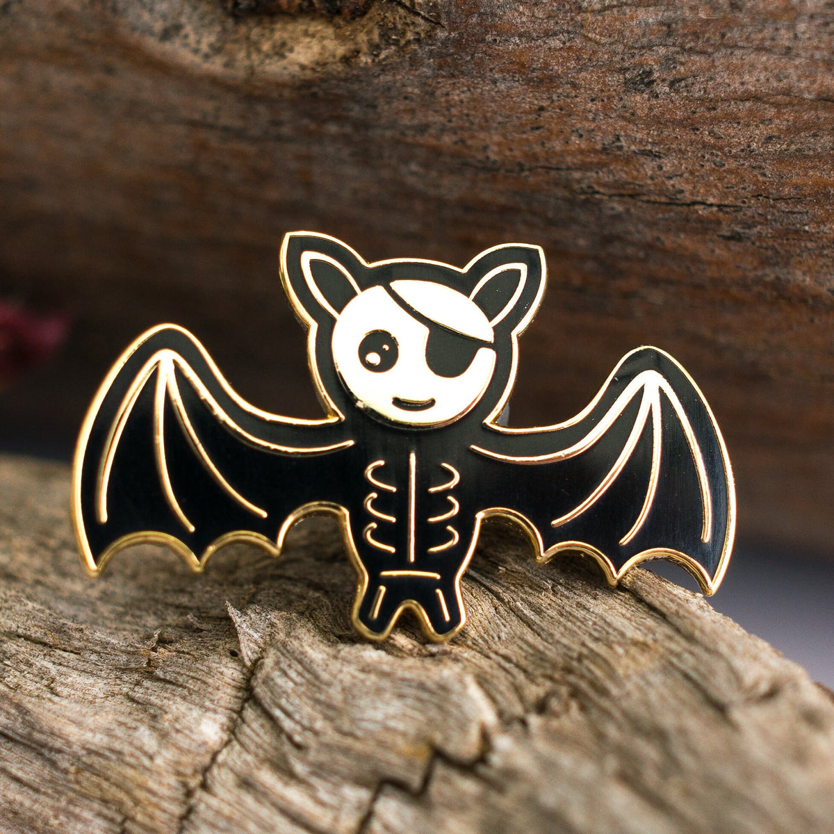 Skeleton Bat enamel pin, gold pirate skeleton bat with an eyepatch, Second