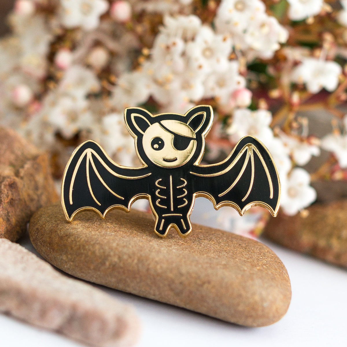 Skeleton Bat enamel pin, gold pirate skeleton bat with an eyepatch, Second
