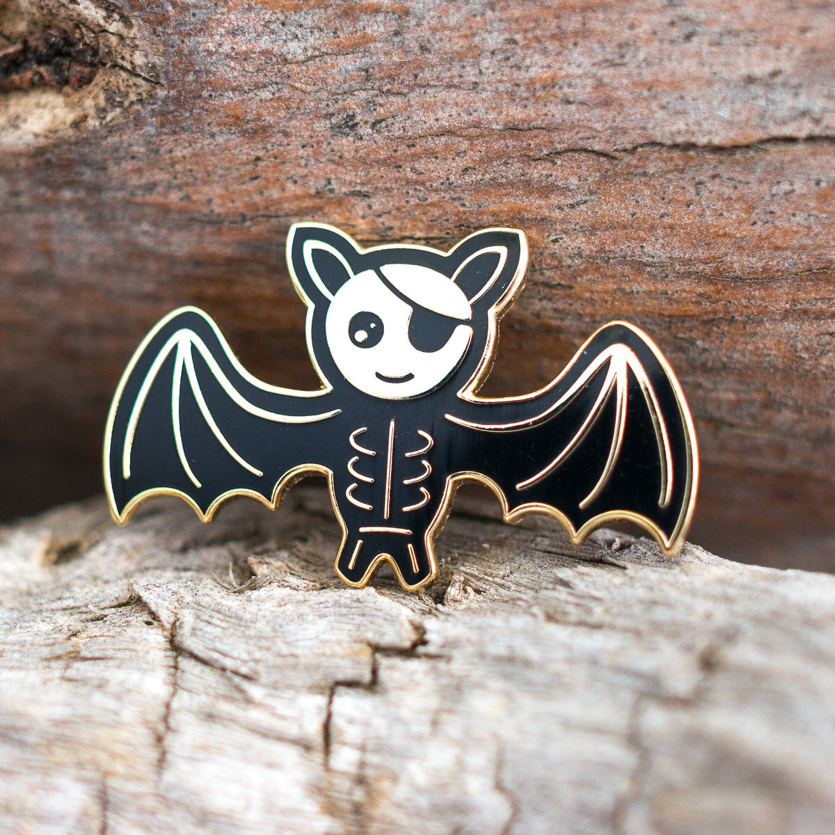 Skeleton Bat enamel pin, gold pirate skeleton bat with an eyepatch, Second