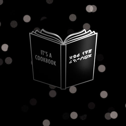 It's a Cookbook enamel pin, black book with alien writing, silver plated, Second