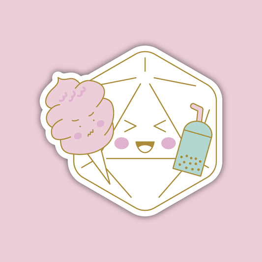 Yum Dice Sticker, smiling d20 holding cotton candy and boba, D&D sticker