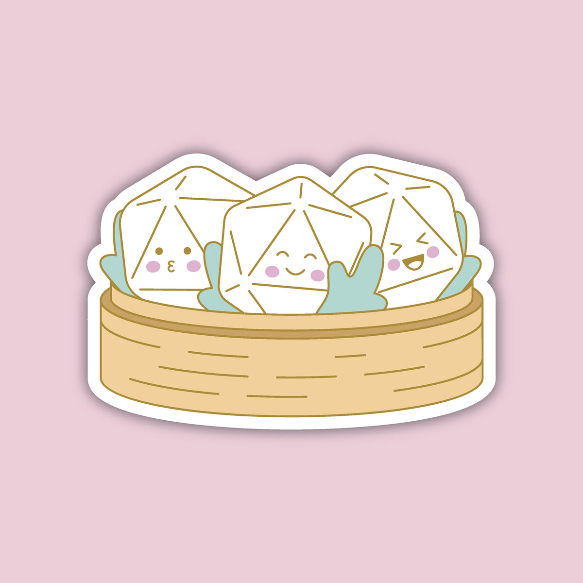 D20 Dim Sum Sticker, three dumpling d20s in a bamboo steamer, D&D sticker