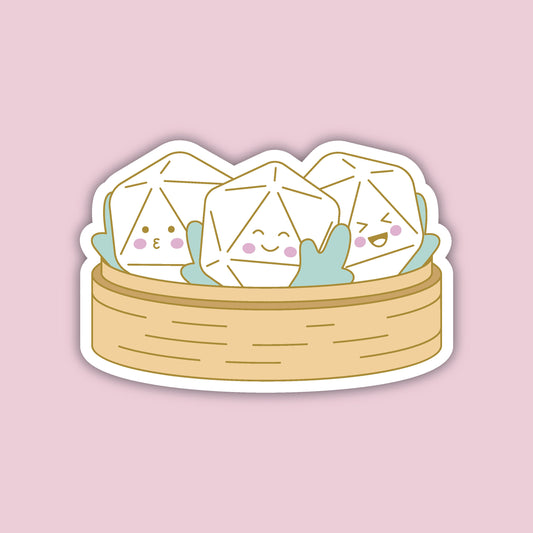 D20 Dim Sum Sticker, three dumpling d20s in a bamboo steamer, D&D sticker