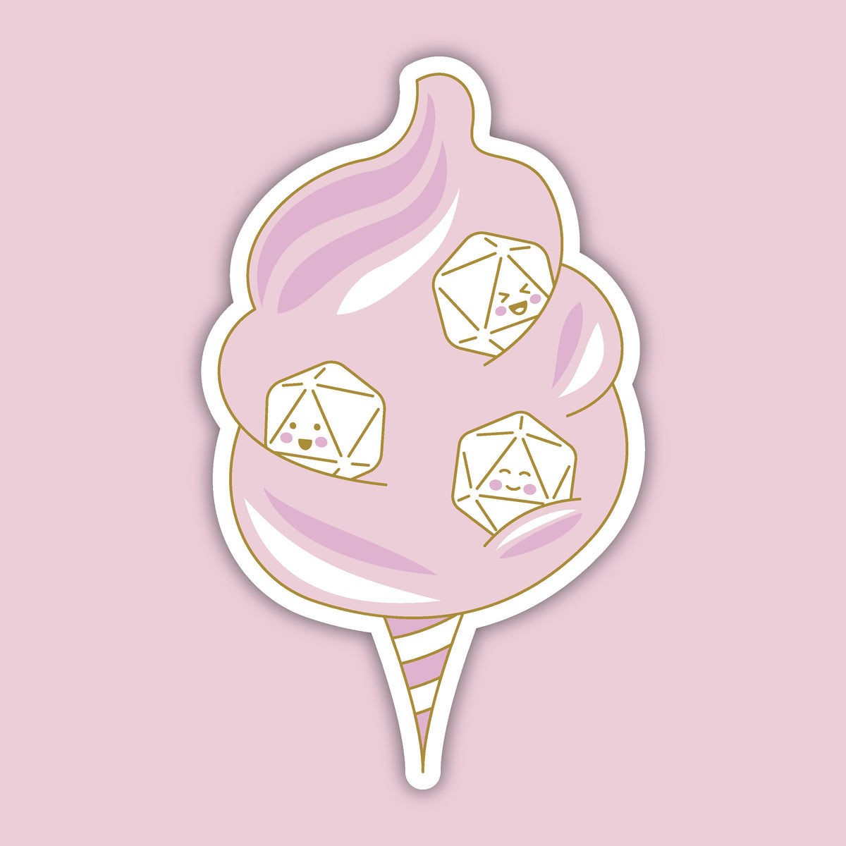 Fairy Floss Dice Sticker, three smiling d20s in pink fairy floss, D&D sticker