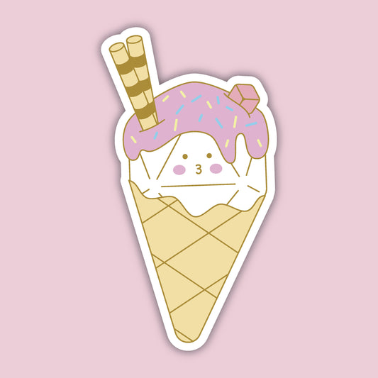 Dice Cream sticker — kawaii d20 served as a scoop of ice cream in a waffle cone with pink sprinkles and wafer sticks, D&D dice sticker