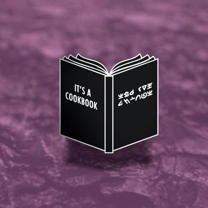 It's a Cookbook enamel pin, black book with alien writing, silver plated, Second