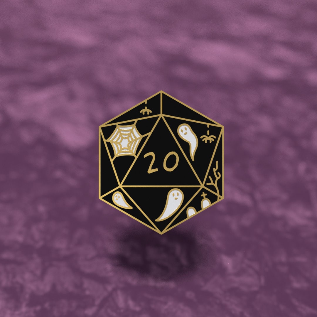Spooky D20 Needle Minder, black enamel D20 dice needle minder with gold finish