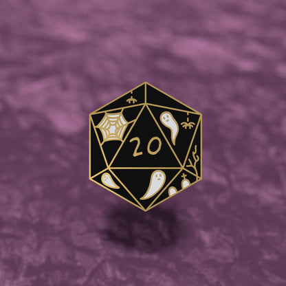 Spooky D20 Needle Minder, black enamel D20 dice needle minder with gold finish