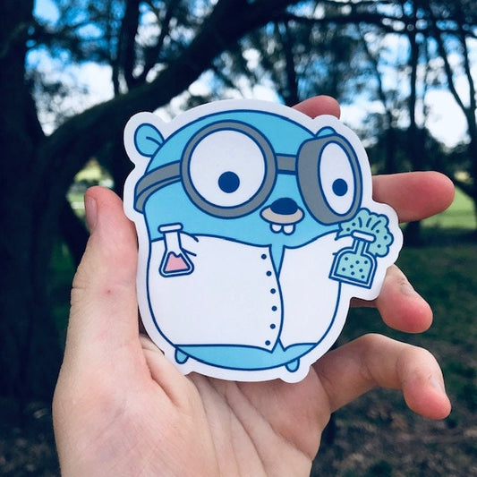 Functor Gopher sticker — Go gopher in lab coat and safety goggles holding two flasks, kawaii style