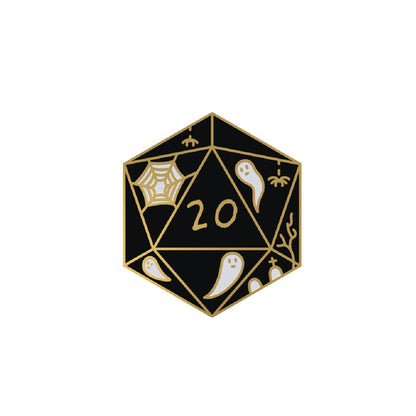 Spooky D20 Needle Minder, black enamel D20 dice needle minder with gold finish