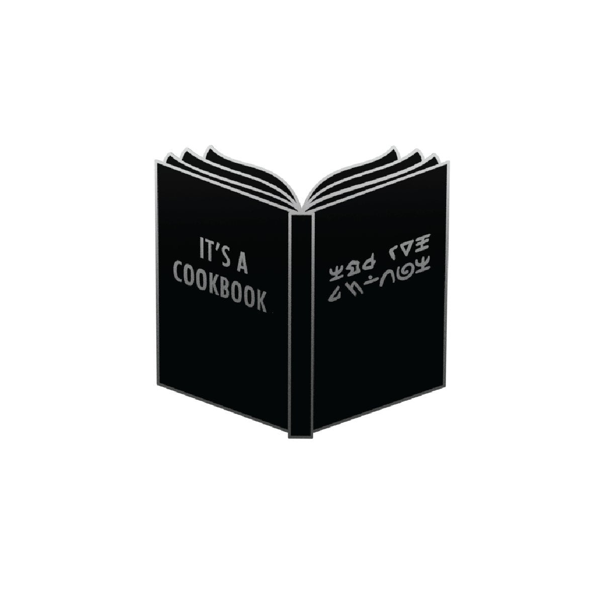 It's a Cookbook enamel pin, black book with alien writing, silver plated, Second