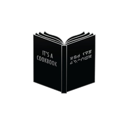 It's a Cookbook enamel pin, black book with alien writing, silver plated, Second