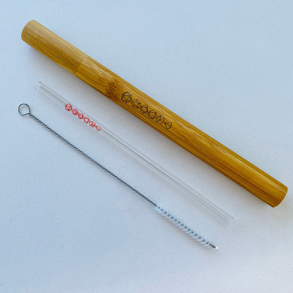 Dice Glass Straw with bamboo case, glass straw printed with dice