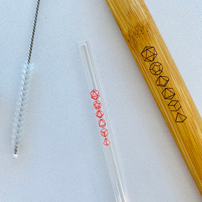 Dice Glass Straw with bamboo case, glass straw printed with dice