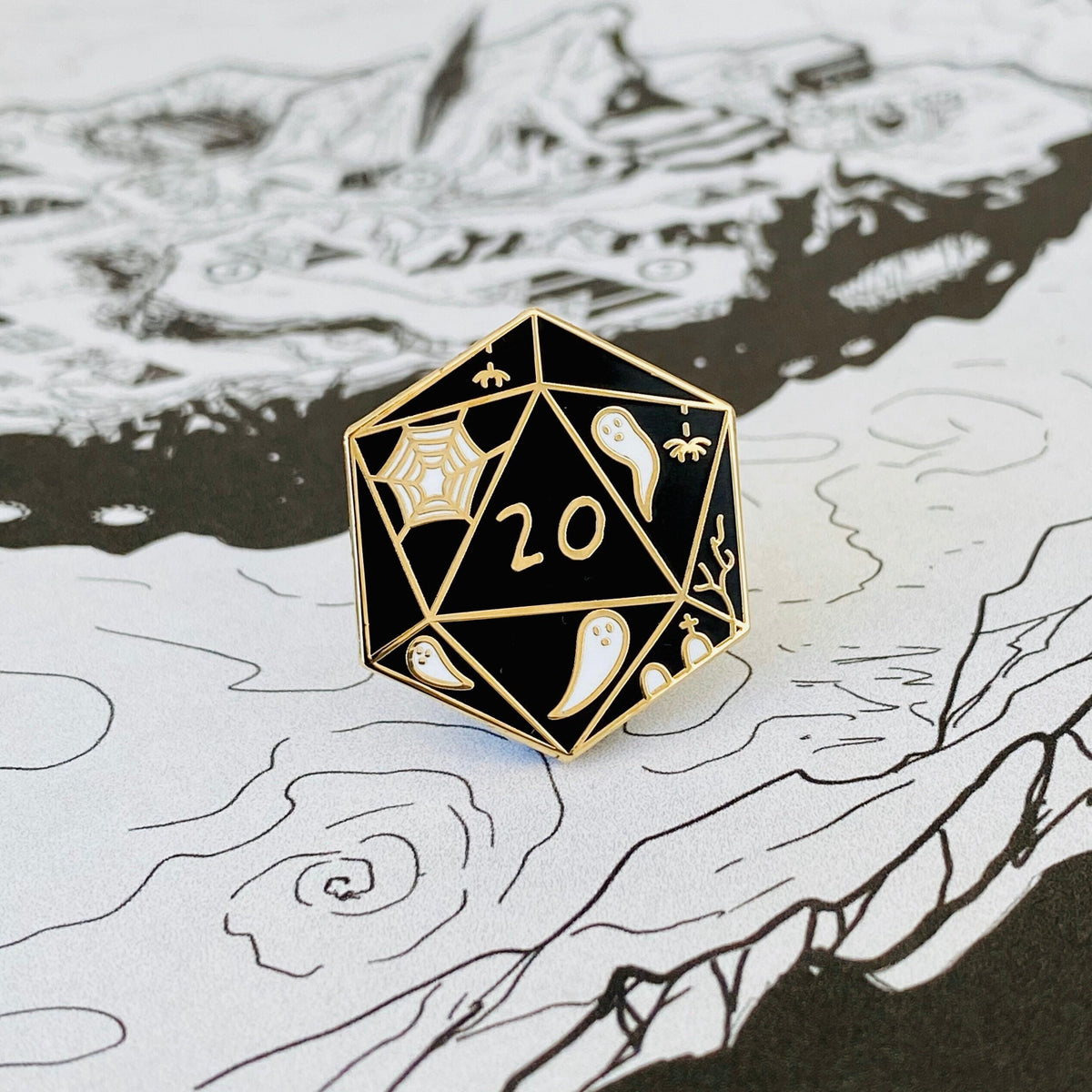 Spooky D20 Needle Minder, black enamel D20 dice needle minder with gold finish