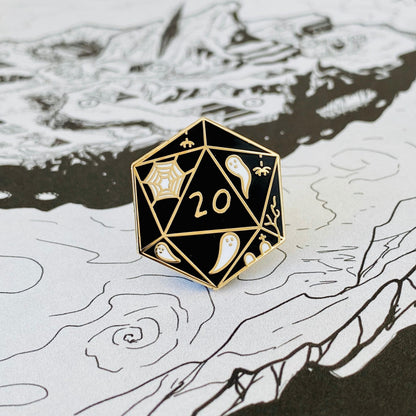 Spooky D20 Needle Minder, black enamel D20 dice needle minder with gold finish