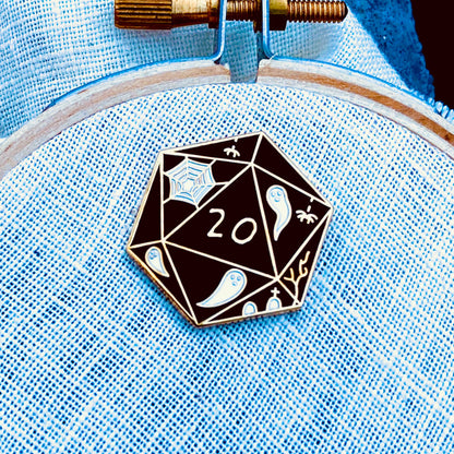Spooky D20 Needle Minder, black enamel D20 dice needle minder with gold finish