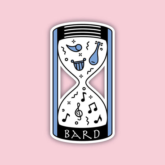 Bard Vessel sticker — blue and black hourglass with musical notes, lyre and lute, D&D Bard class sticker
