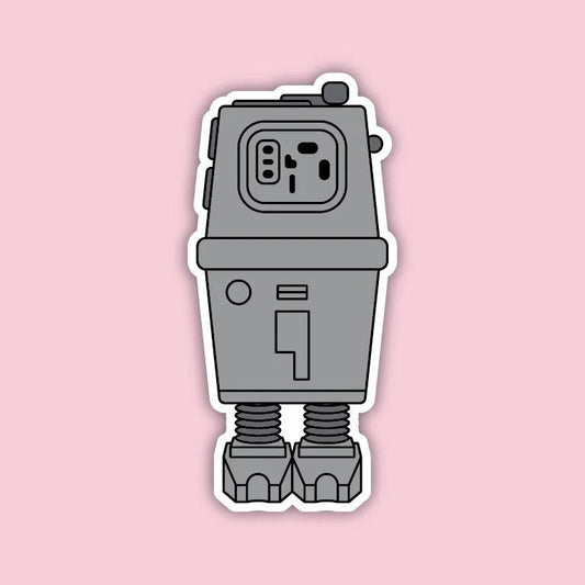 Gonk Droid vinyl sticker, grey GNK power droid with two stubby legs, pink background