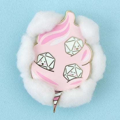 Fairy Floss Dice enamel pin, three d20 dice in pink fairy floss