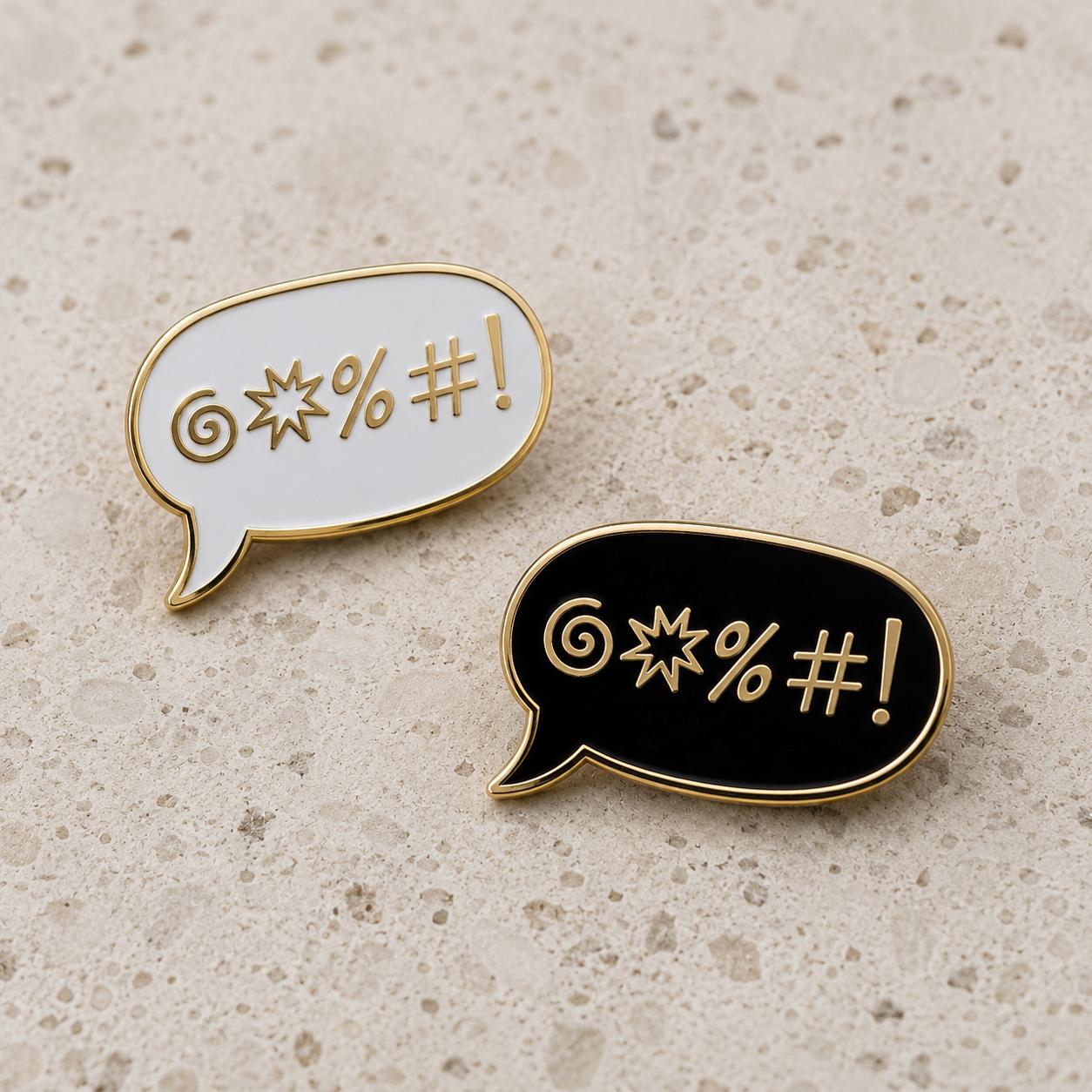 Sweary enamel pin in white or black, kawaii gold grawlix speech bubble, feminist gift pin