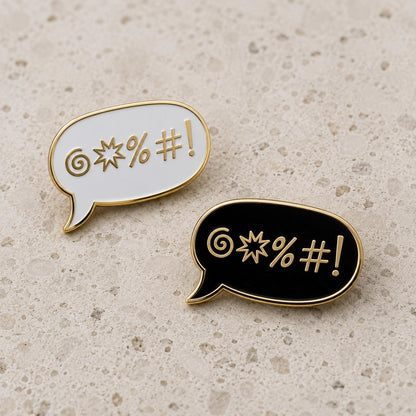 Sweary enamel pin in white or black, kawaii gold grawlix speech bubble, feminist gift pin