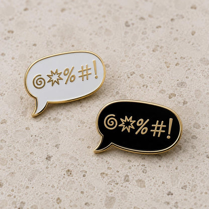 Sweary enamel pin in white or black, kawaii gold grawlix speech bubble, feminist gift pin