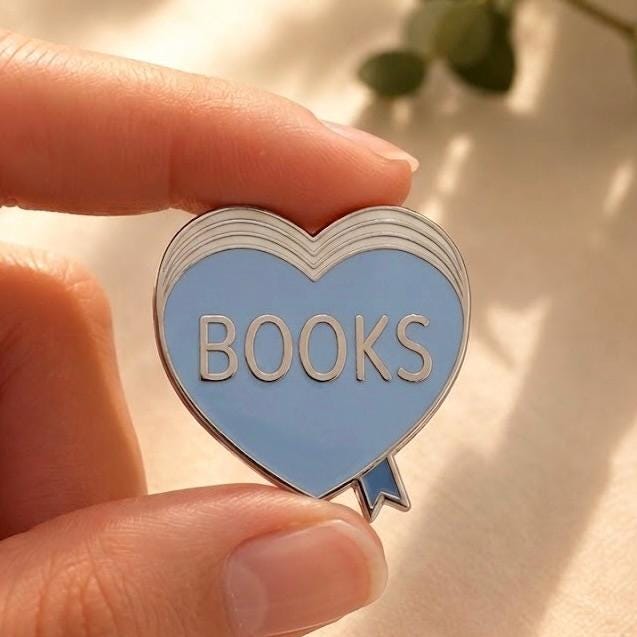 Books heart enamel pin, powder blue book lover lapel pin in silver, gift for readers