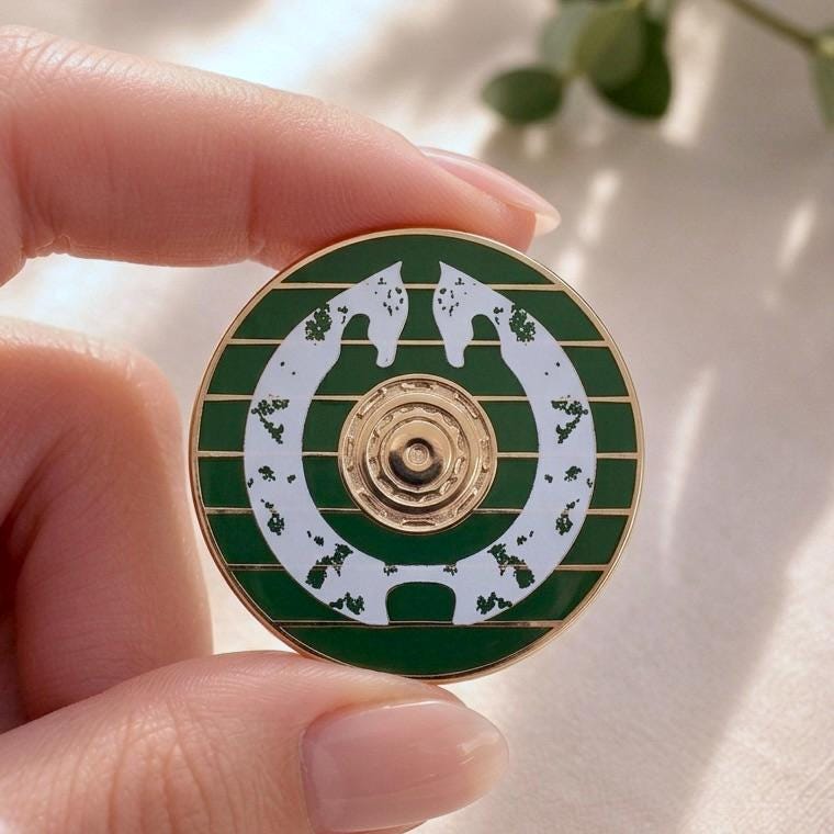 Shieldmaiden's Shield enamel pin, movie accurate Rohan shield, green and gold with white horse