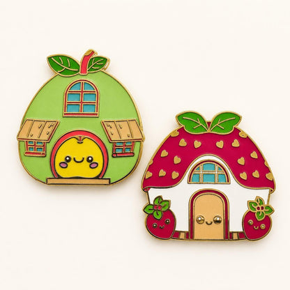 Pear and Strawberry Cottage Enamel Pin Set