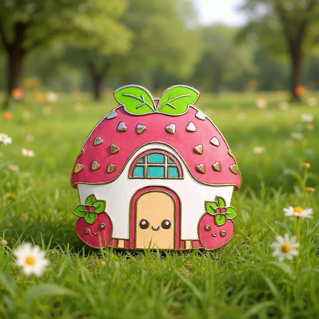 Pear and Strawberry Cottage Enamel Pin Set