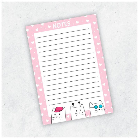 Cat Notepad A6, pink lined notepad with cats along the bottom