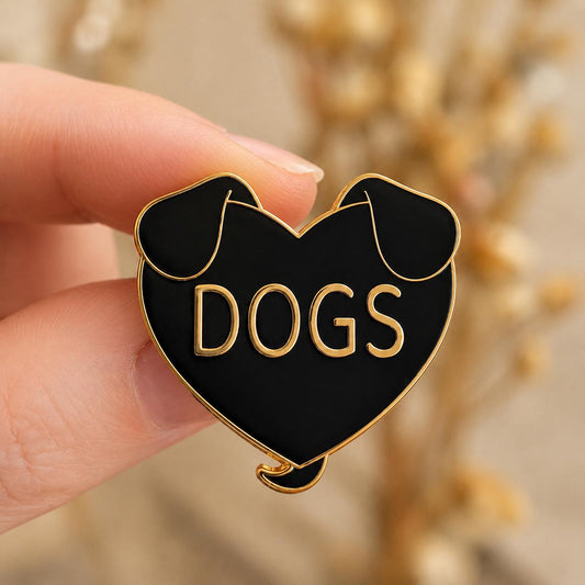 DOGS heart enamel pin in black and gold, cute dog lover lapel pin with dog ears and tail