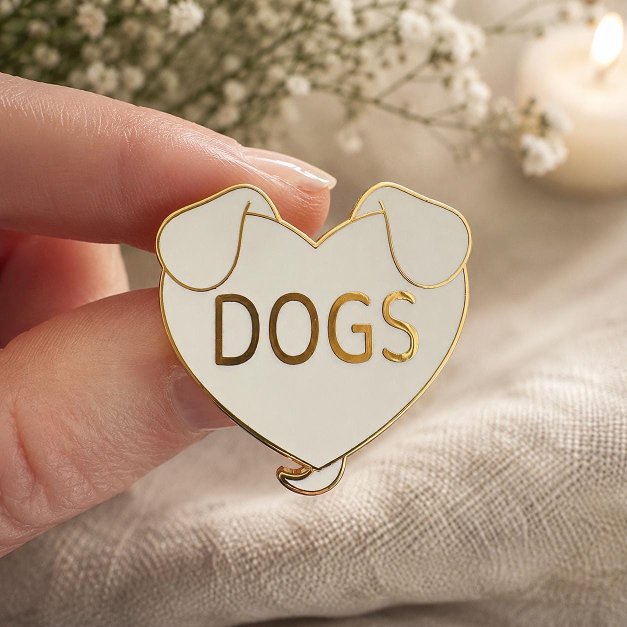 DOGS heart enamel pin in white and gold, dog mom and dog dad gift, gold plated hard enamel pin