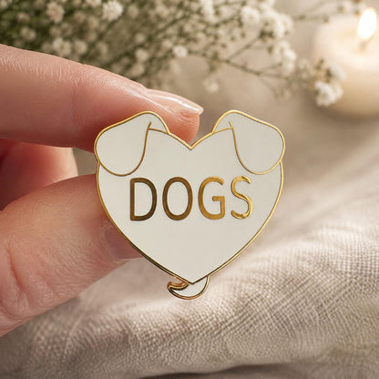 DOGS heart enamel pin in white and gold, dog mom and dog dad gift, gold plated hard enamel pin